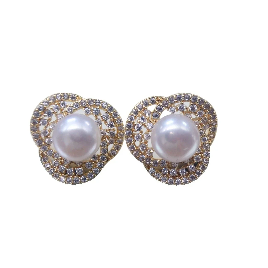 Ornate Gold-Plated Pavé Clover Freshwater Pearl Stud Earrings