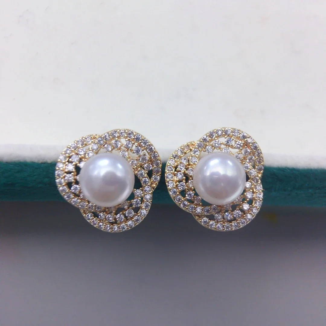 Ornate Gold-Plated Pavé Clover Freshwater Pearl Stud Earrings