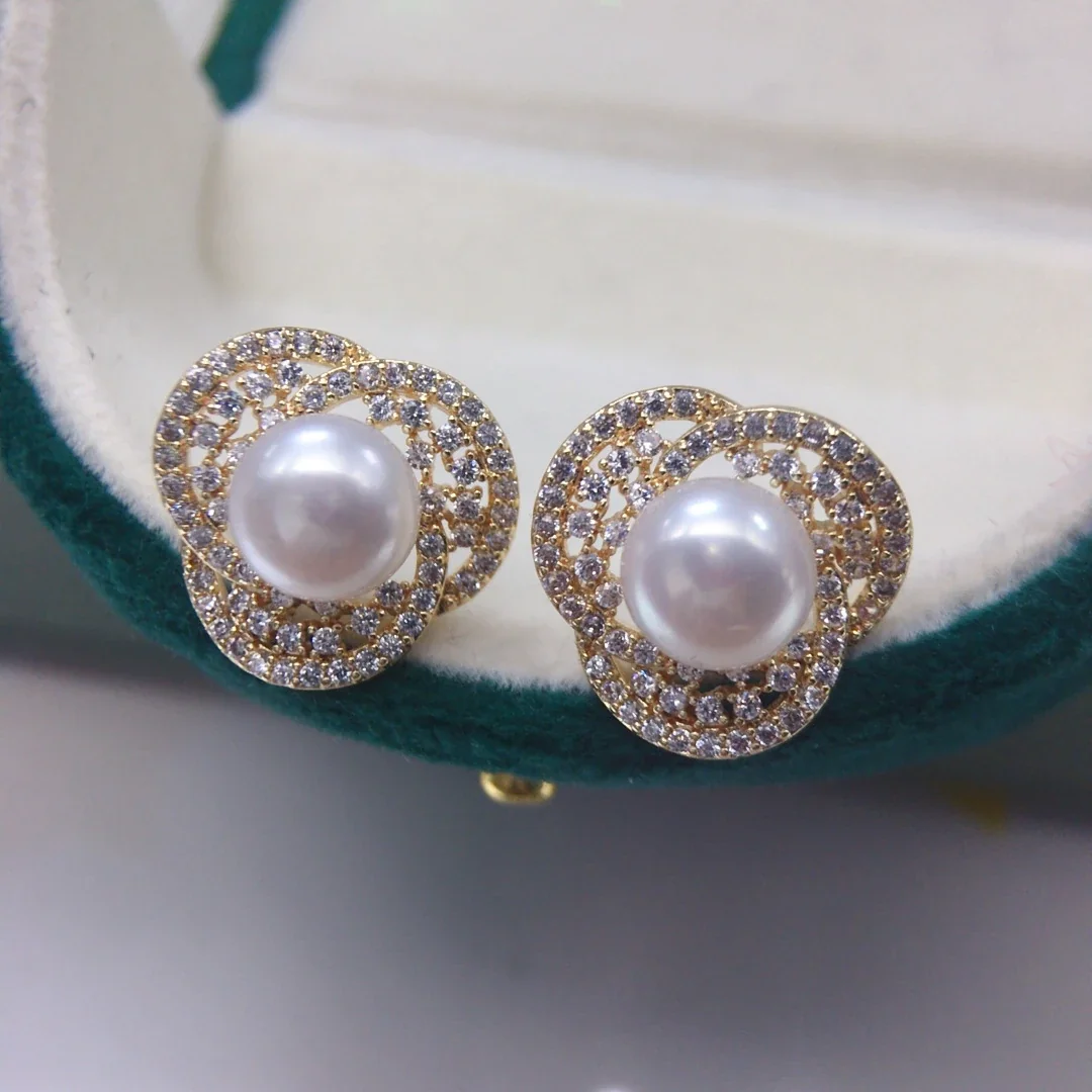Ornate Gold-Plated Pavé Clover Freshwater Pearl Stud Earrings