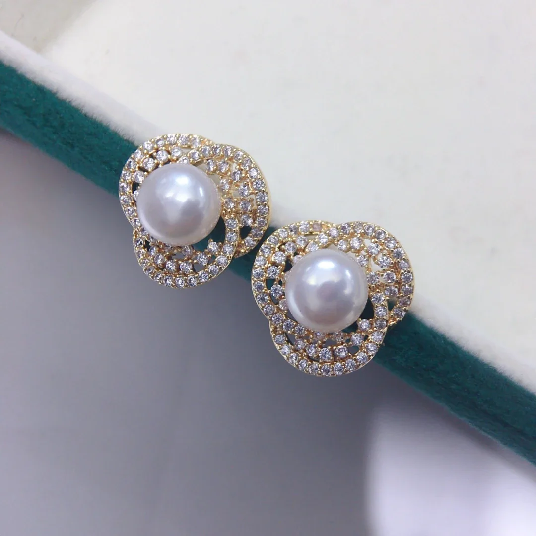 Ornate Gold-Plated Pavé Clover Freshwater Pearl Stud Earrings