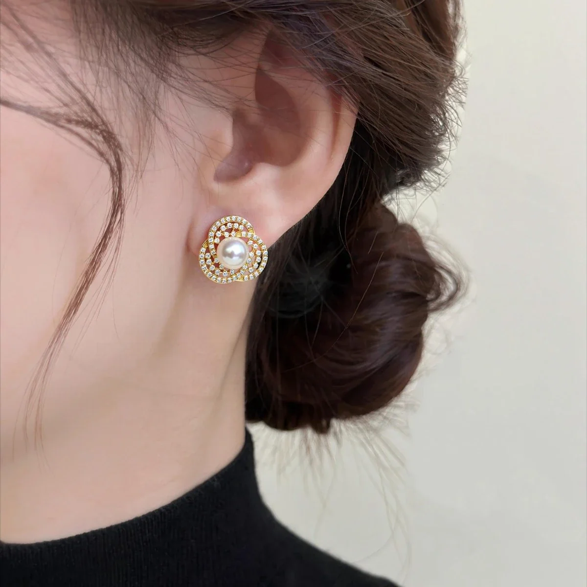 Ornate Gold-Plated Pavé Clover Freshwater Pearl Stud Earrings