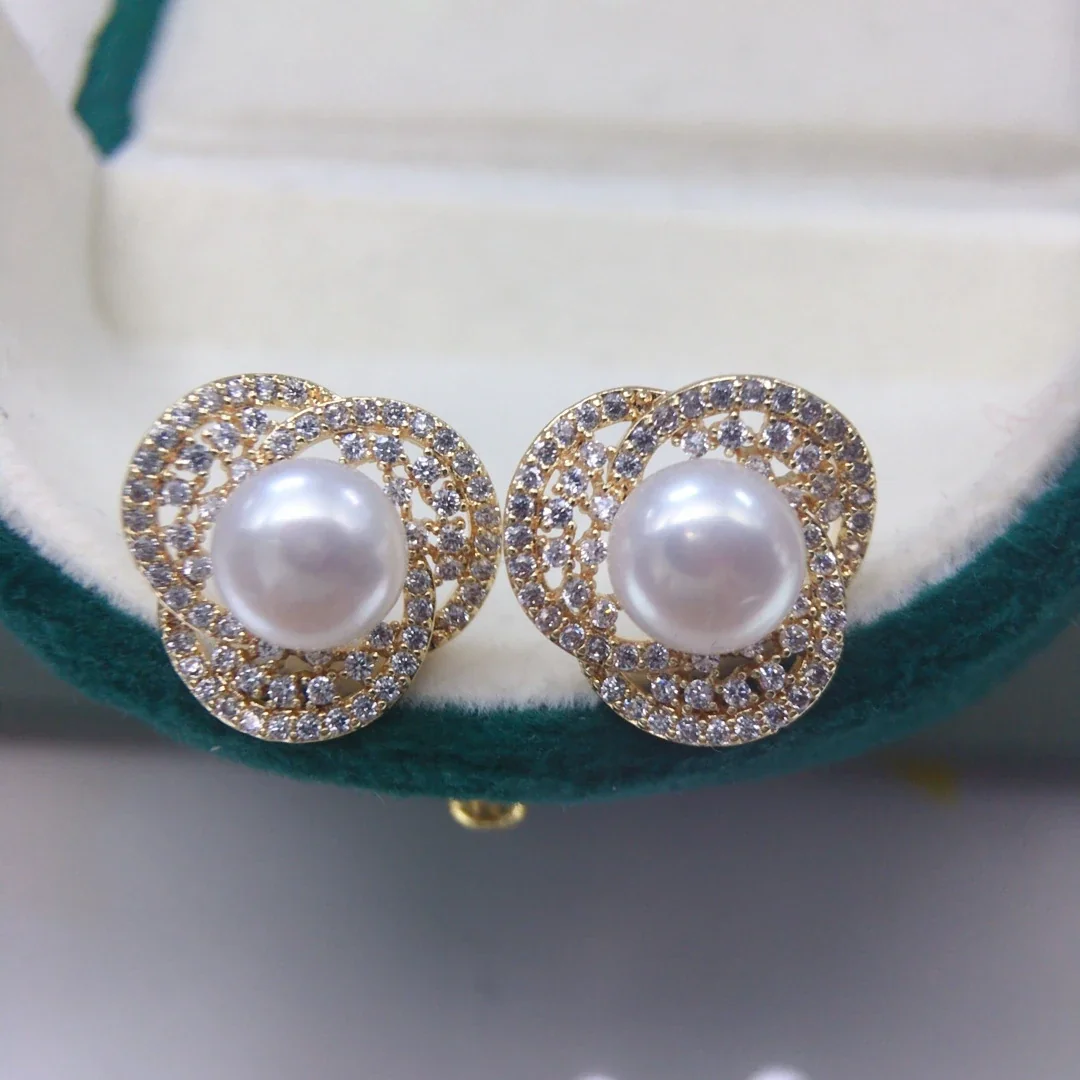 Ornate Gold-Plated Pavé Clover Freshwater Pearl Stud Earrings - Gold