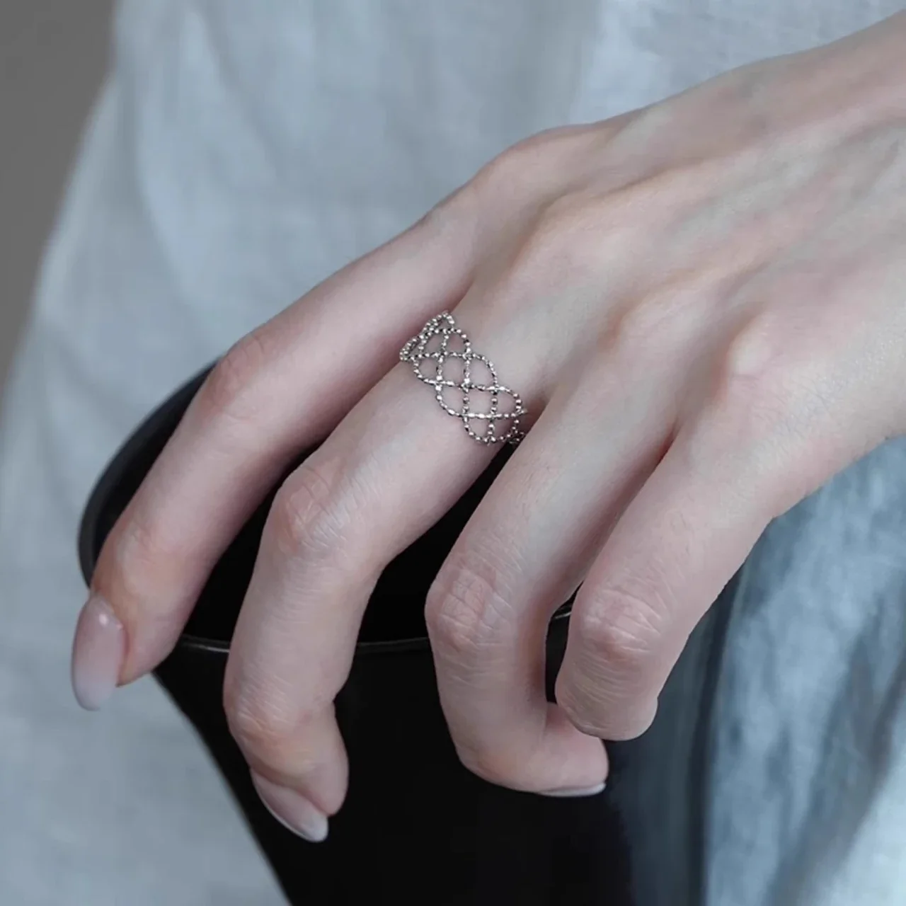Delicate Bead Lattice Silver-Plated Copper Ring