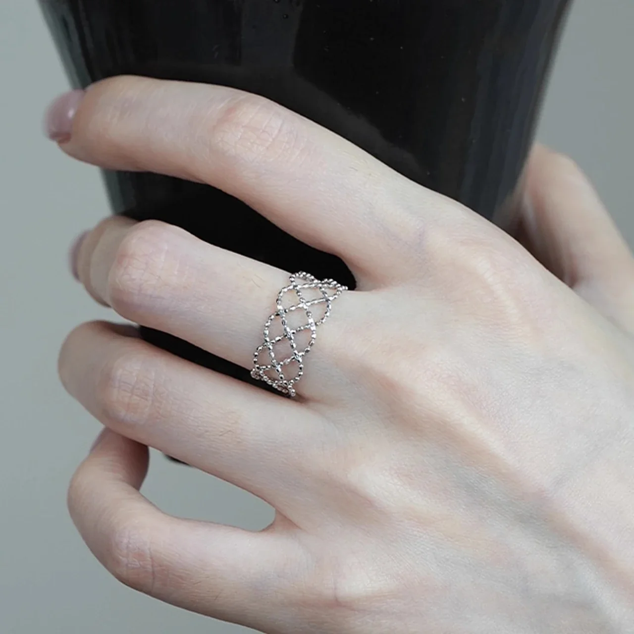 Delicate Bead Lattice Silver-Plated Copper Ring