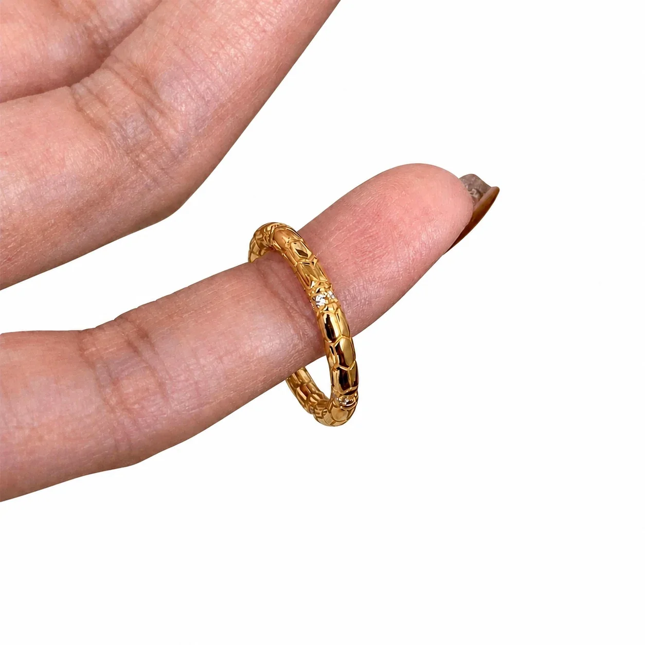 Ornate Snake-Scale Copper Clear Crystal Stacking Ring