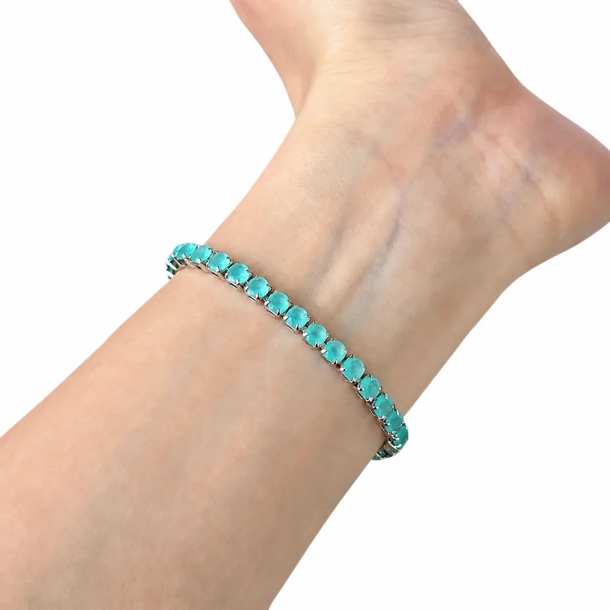 Aqua Round Crystal Silver-Plated Copper Tennis Bracelet