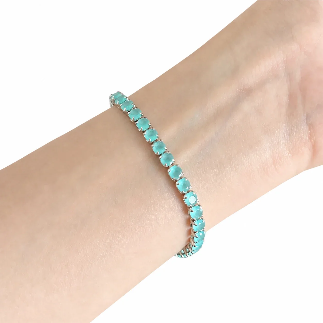 Aqua Round Crystal Silver-Plated Copper Tennis Bracelet
