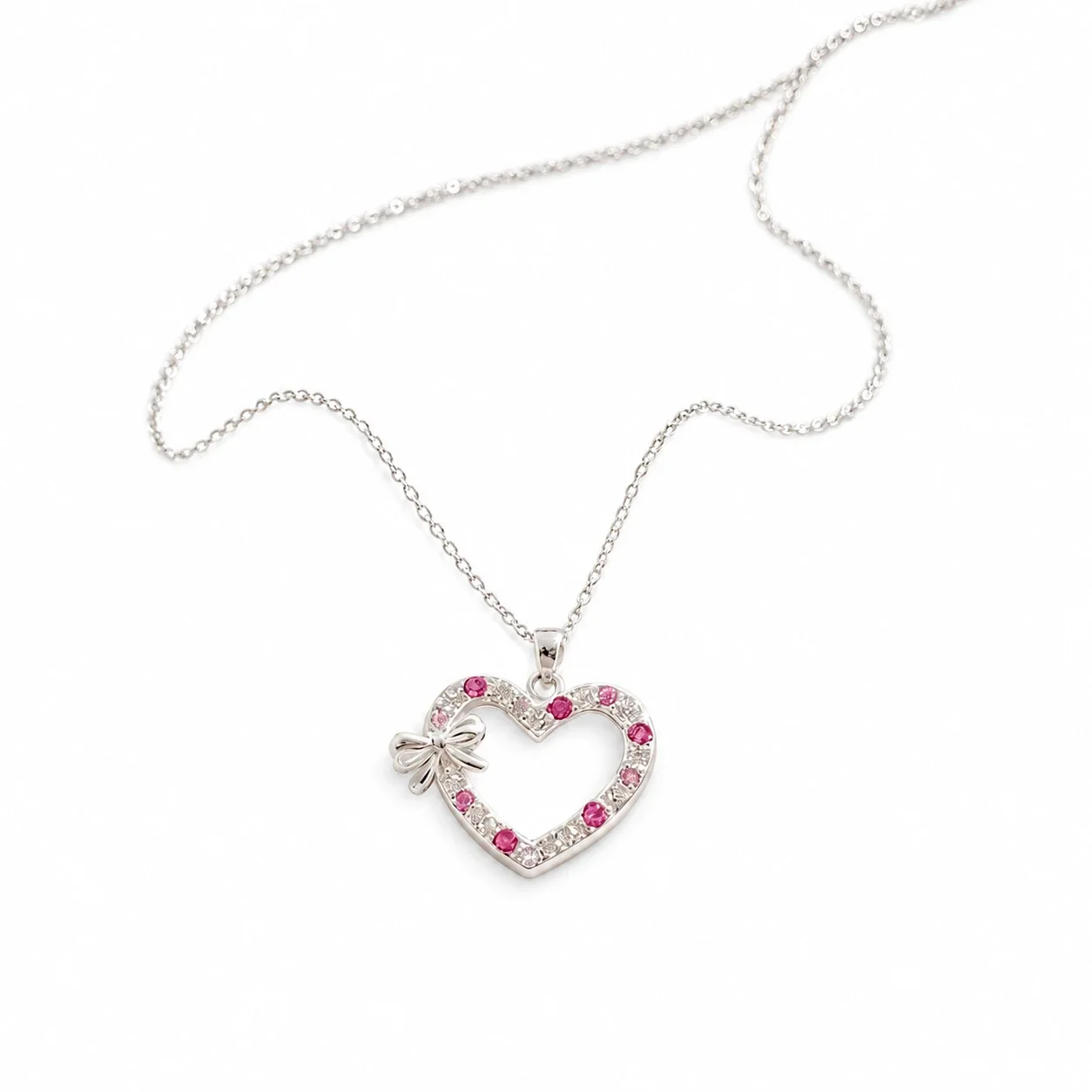 Whimsical 925 Sterling Silver Bow Pink CZ Heart Necklace