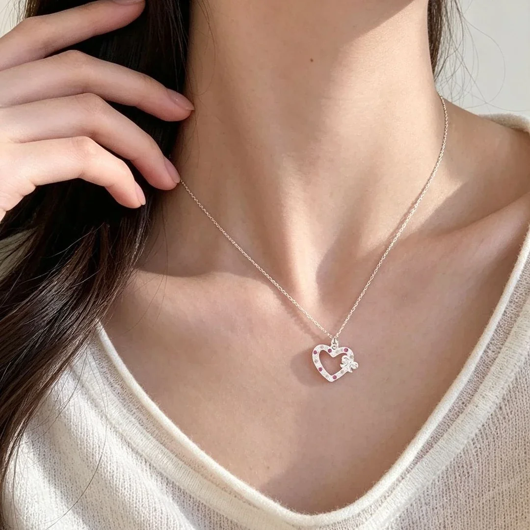 Whimsical 925 Sterling Silver Bow Pink CZ Heart Necklace