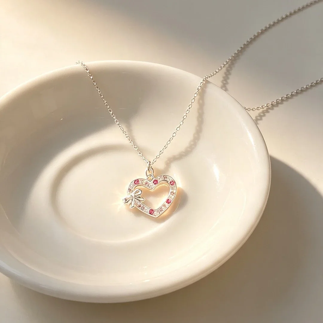 Whimsical 925 Sterling Silver Bow Pink CZ Heart Necklace