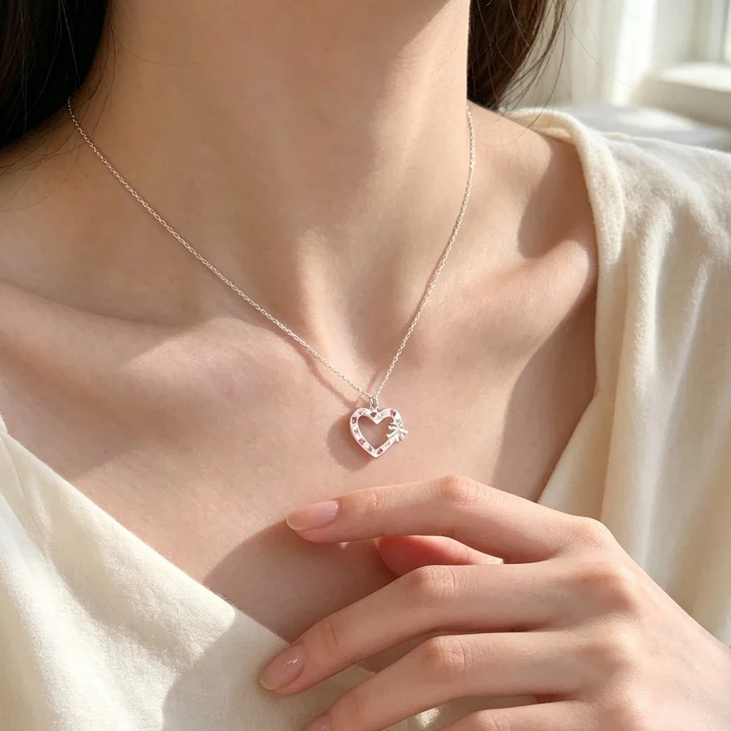 Whimsical 925 Sterling Silver Bow Pink CZ Heart Necklace