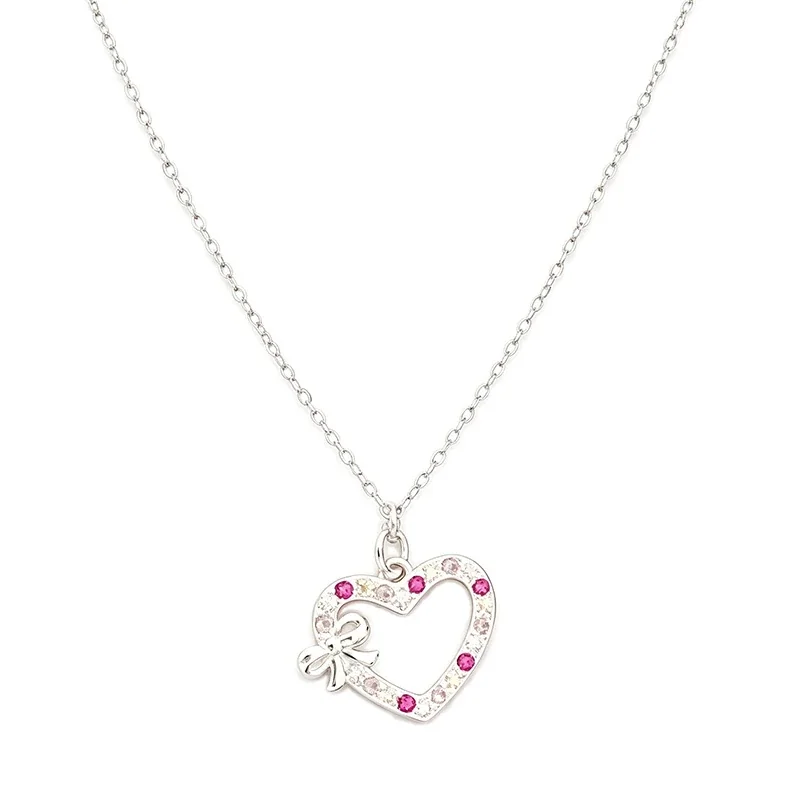 Whimsical 925 Sterling Silver Bow Pink CZ Heart Necklace