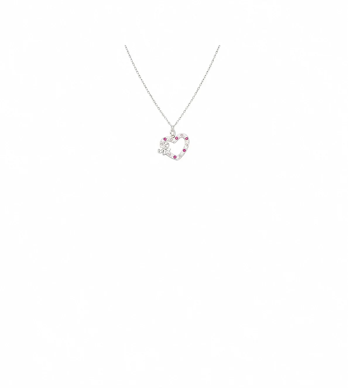 Whimsical 925 Sterling Silver Bow Pink CZ Heart Necklace - Silver with PE Box