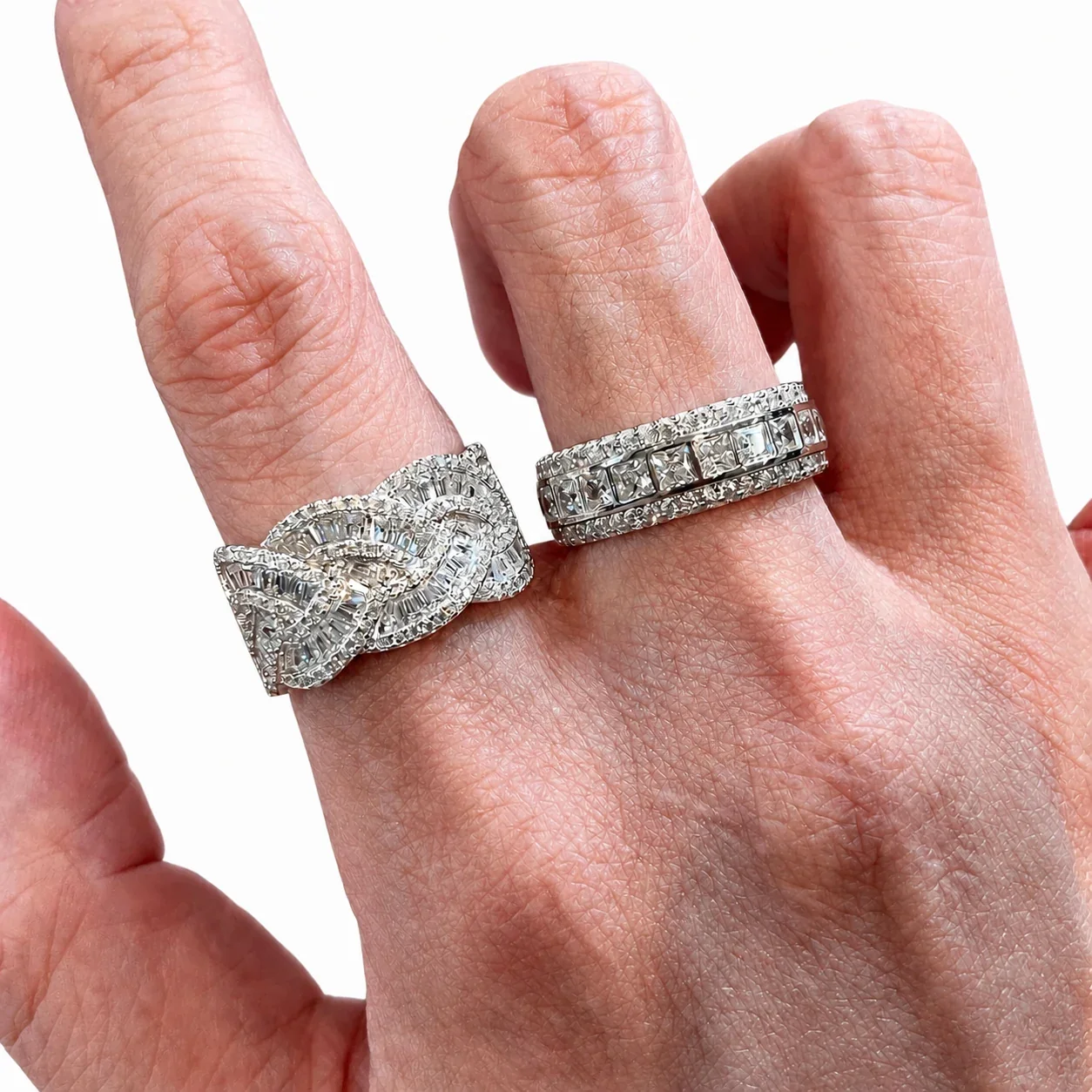 Ornate Baguette Pavé Wide-Band Silver-Plated Copper Ring