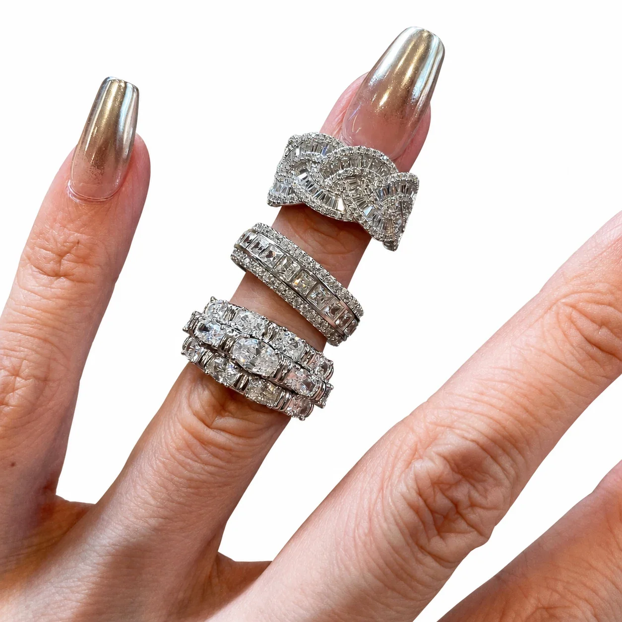 Ornate Baguette Pavé Wide-Band Silver-Plated Copper Ring