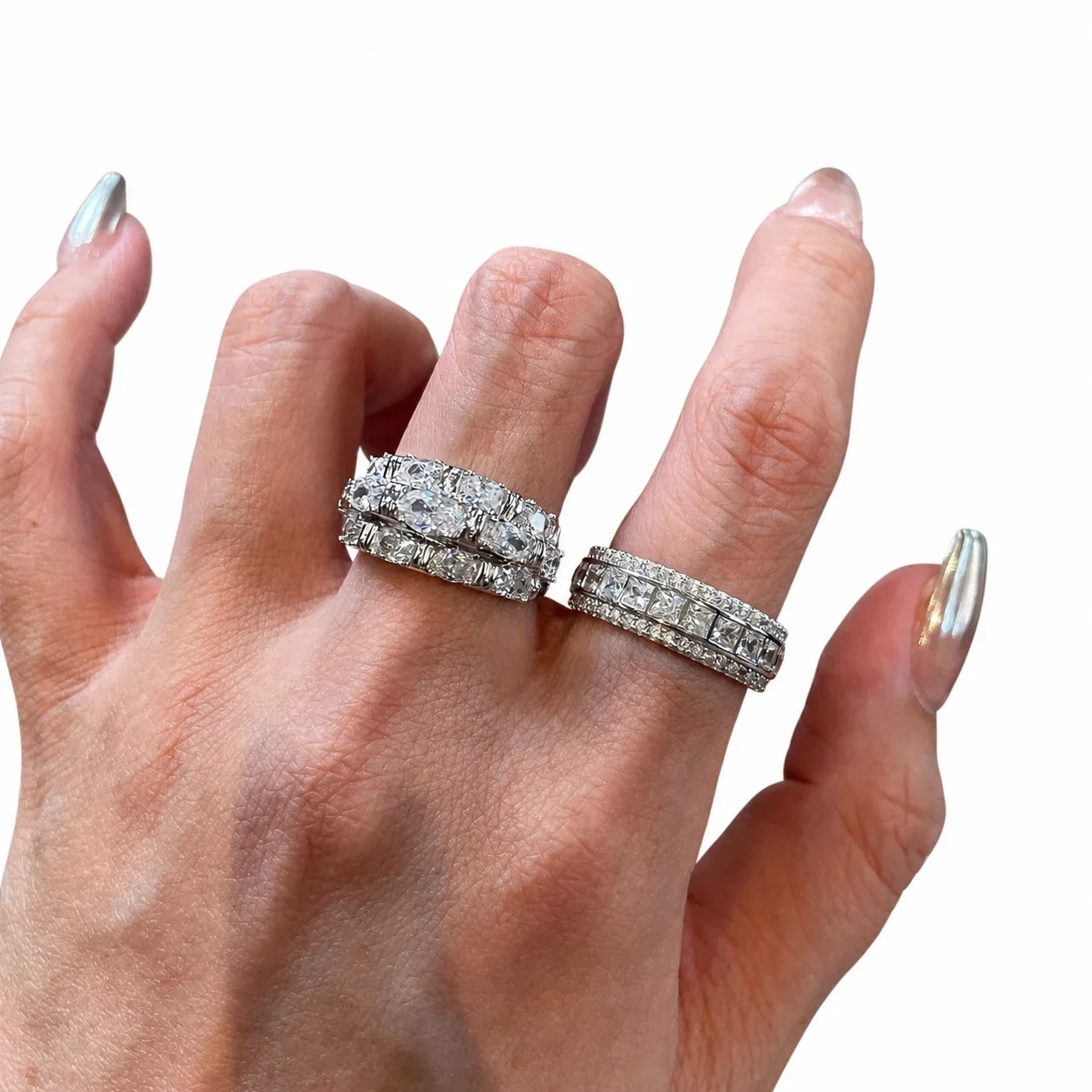 Ornate Baguette Pavé Wide-Band Silver-Plated Copper Ring