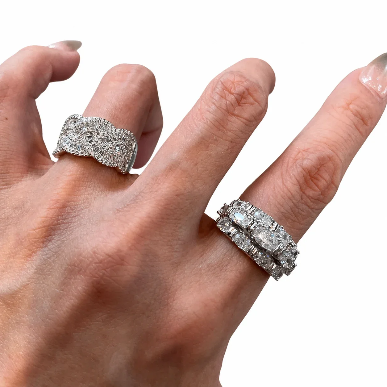 Ornate Baguette Pavé Wide-Band Silver-Plated Copper Ring