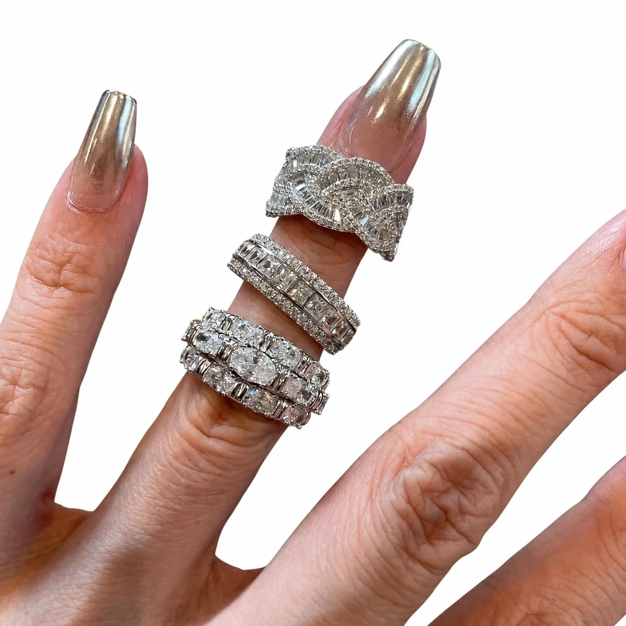 Ornate Baguette Pavé Wide-Band Silver-Plated Copper Ring - Silver Style B