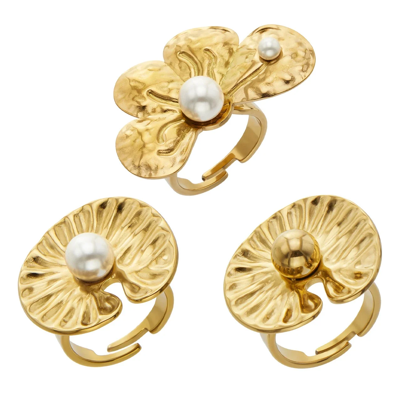 Sculptural Gold-Plated Petal Pearl-Effect Open Ring