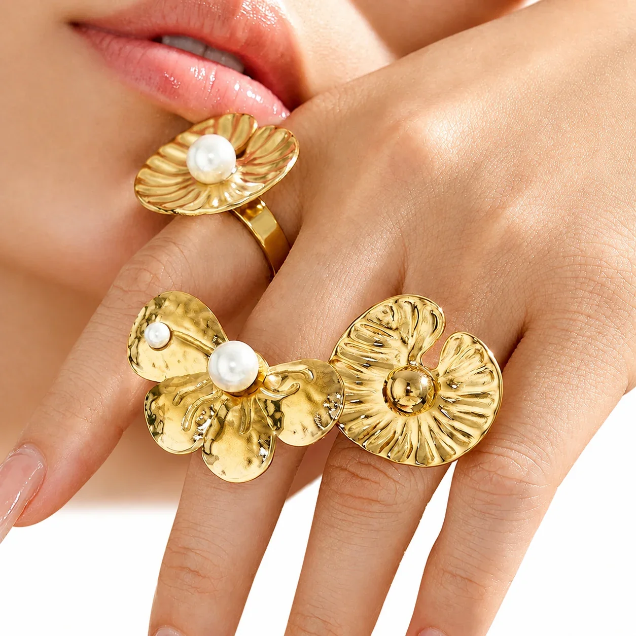 Sculptural Gold-Plated Petal Pearl-Effect Open Ring