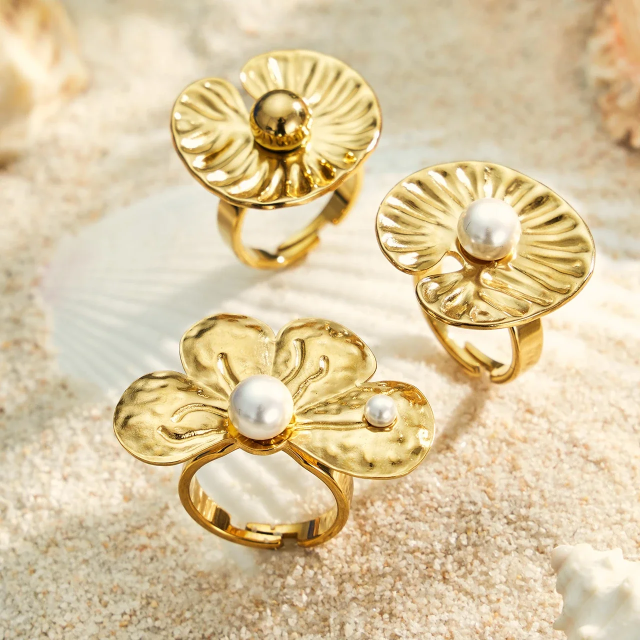 Sculptural Gold-Plated Petal Pearl-Effect Open Ring