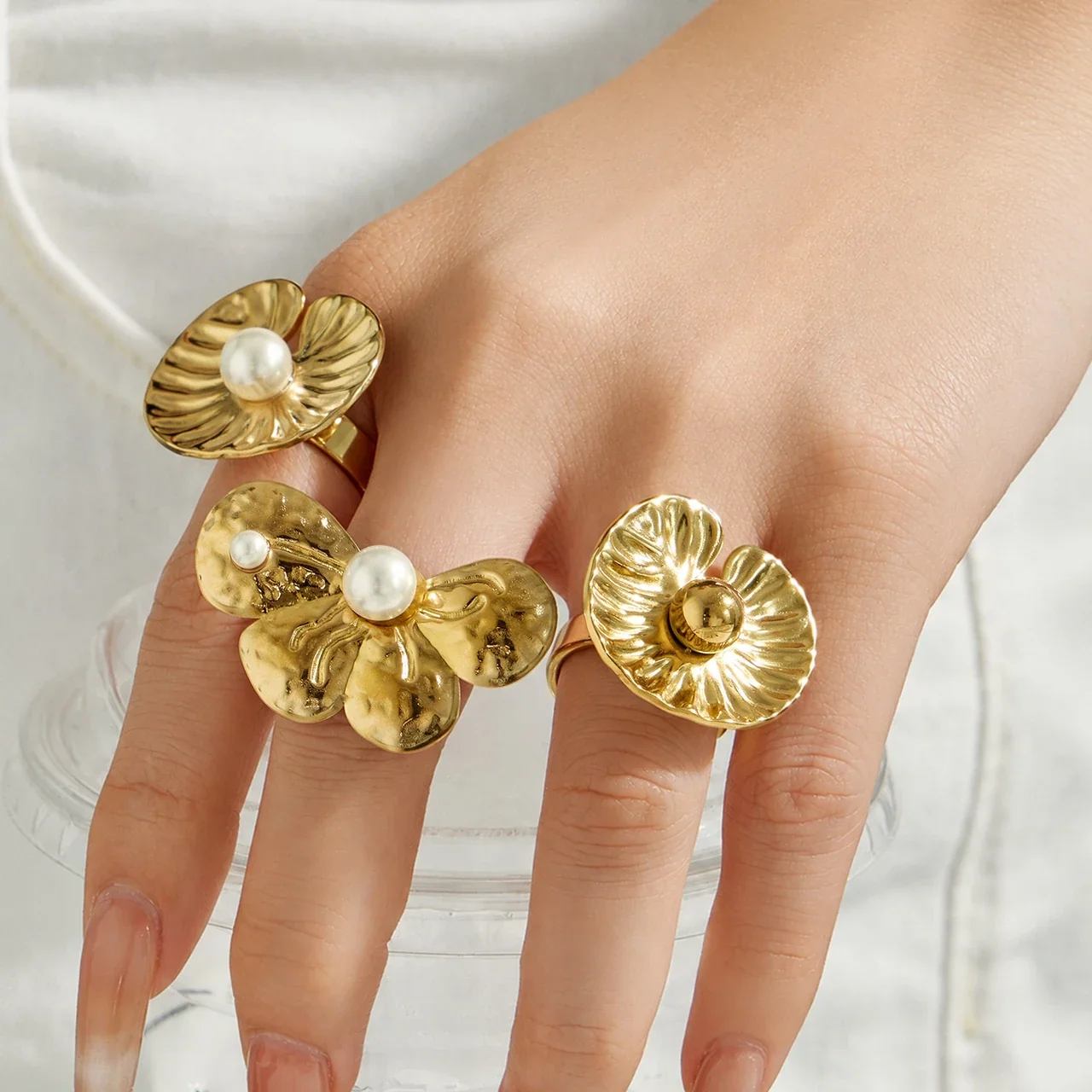 Sculptural Gold-Plated Petal Pearl-Effect Open Ring