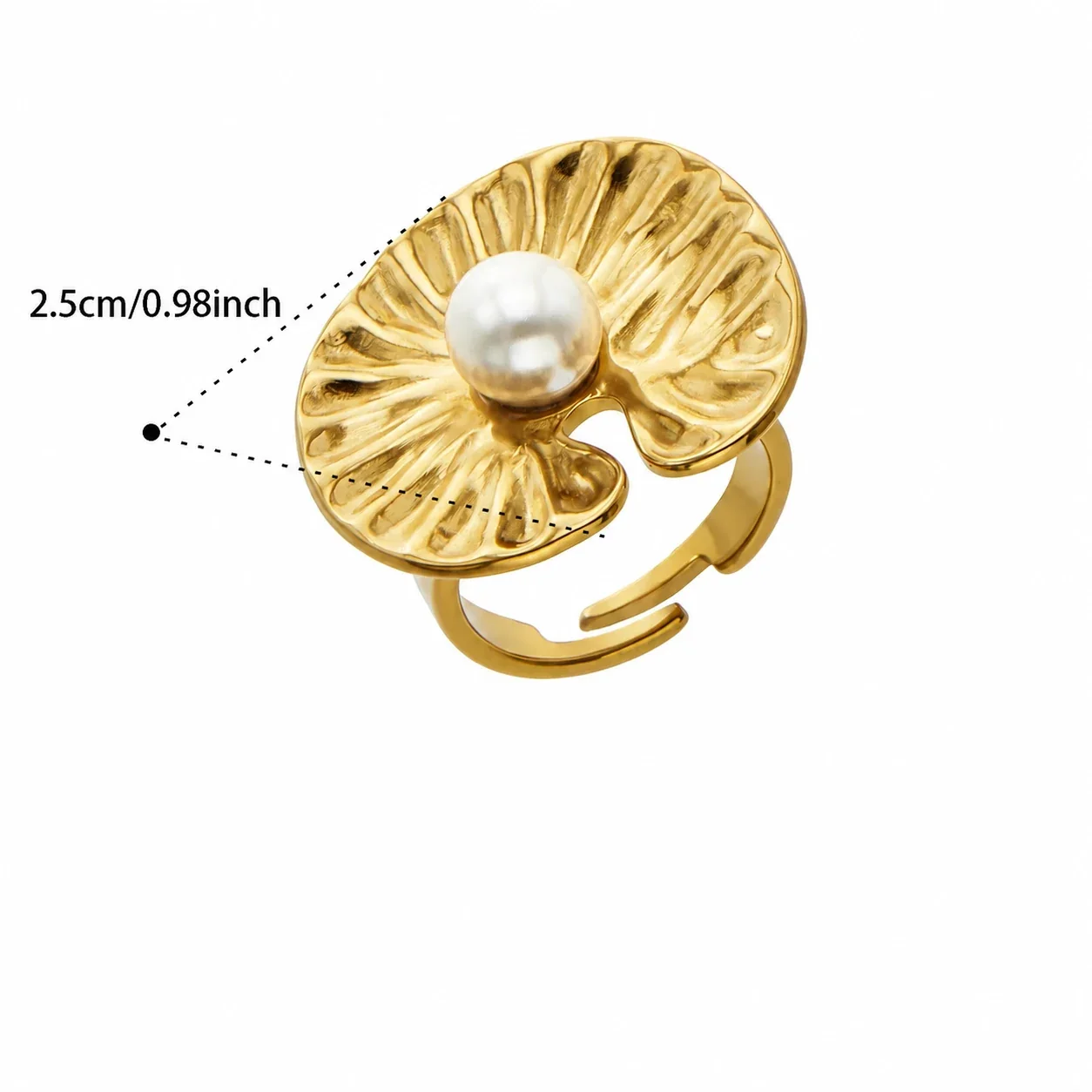 Sculptural Gold-Plated Petal Pearl-Effect Open Ring - Gold Pearl Lotus Leaf