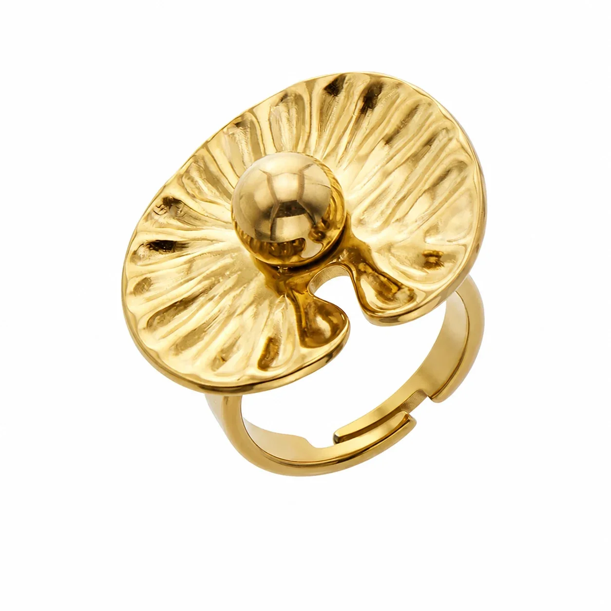 Sculptural Gold-Plated Petal Pearl-Effect Open Ring - Gold Bead Lotus Leaf