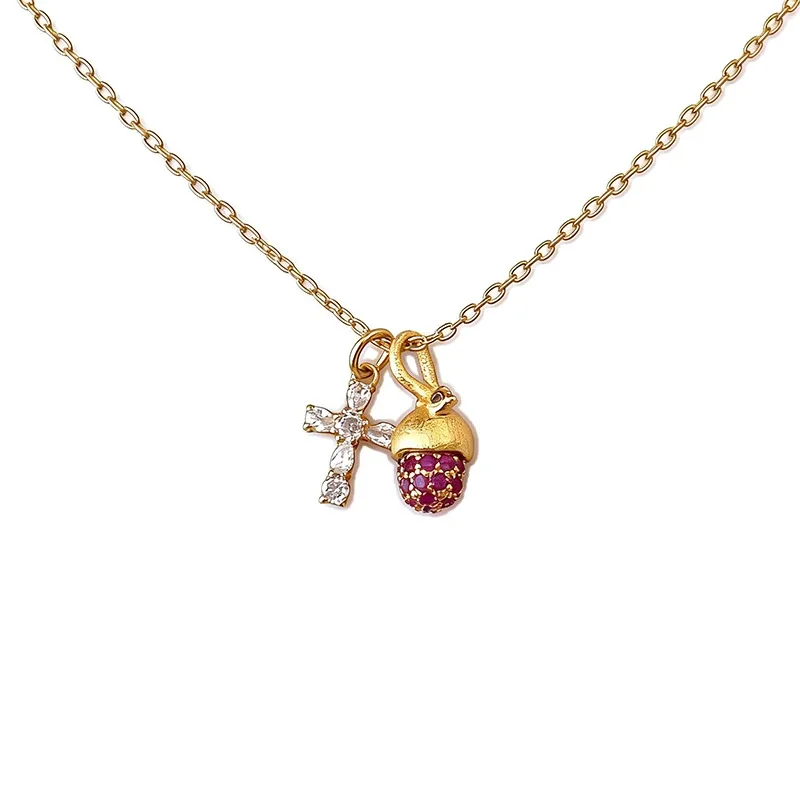 Whimsical 925 Sterling Silver Cross and Acorn Pendant Necklace