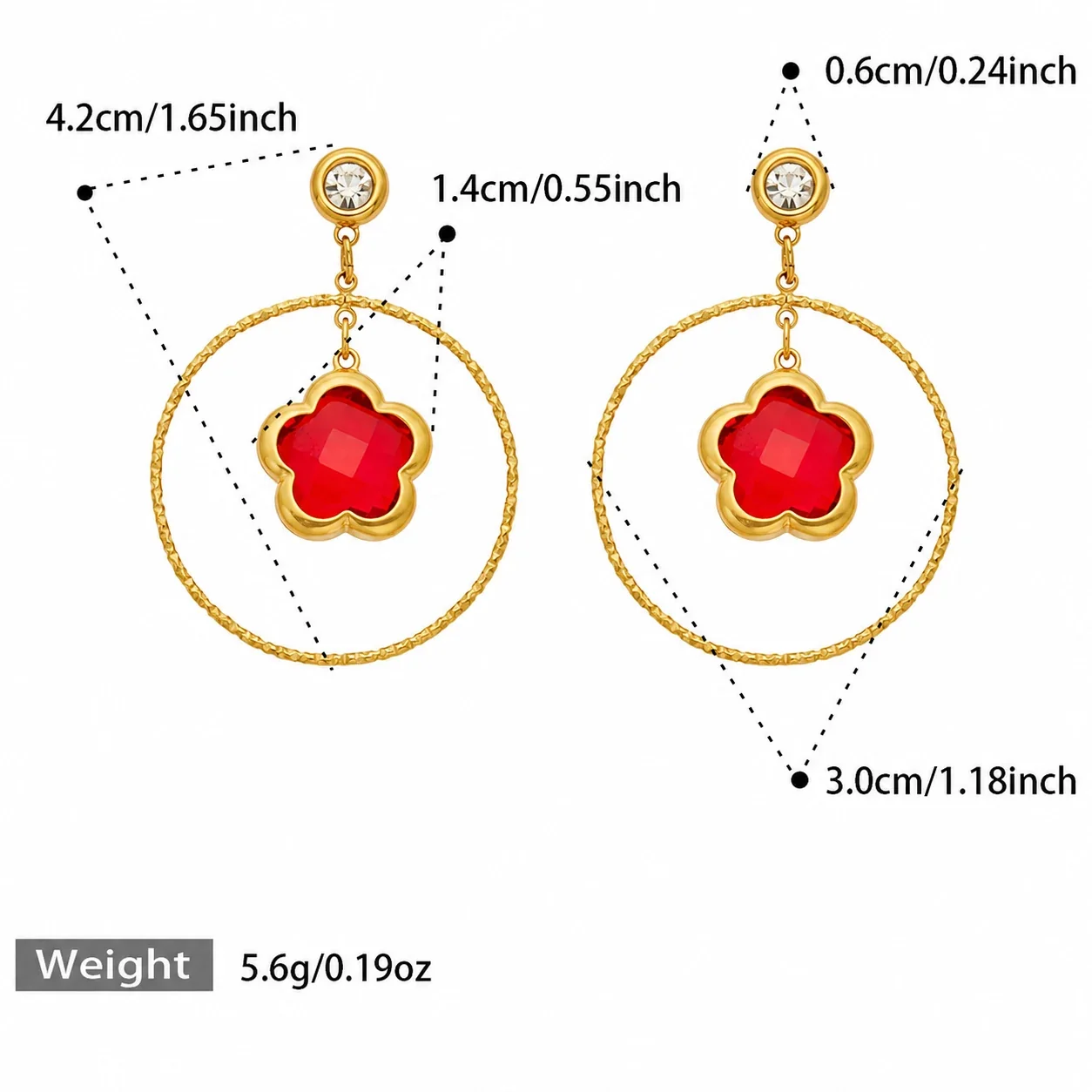 Botanical Gold-Plated Stainless Steel Flower Hoop Earrings - Red Glass Gold