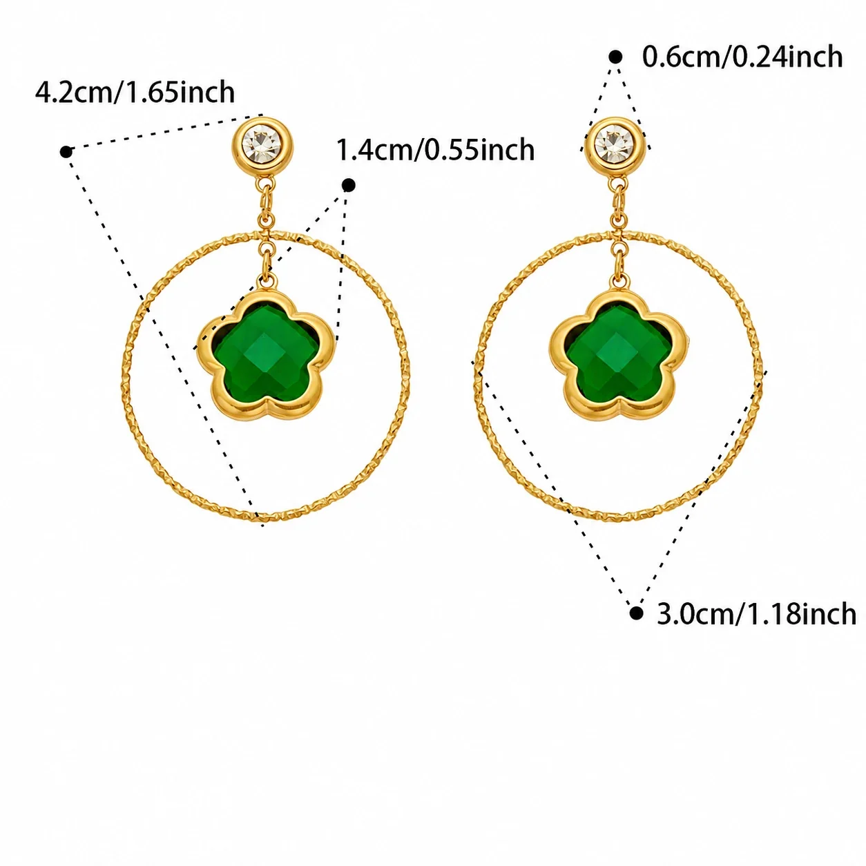 Botanical Gold-Plated Stainless Steel Flower Hoop Earrings - Green Glass Gold