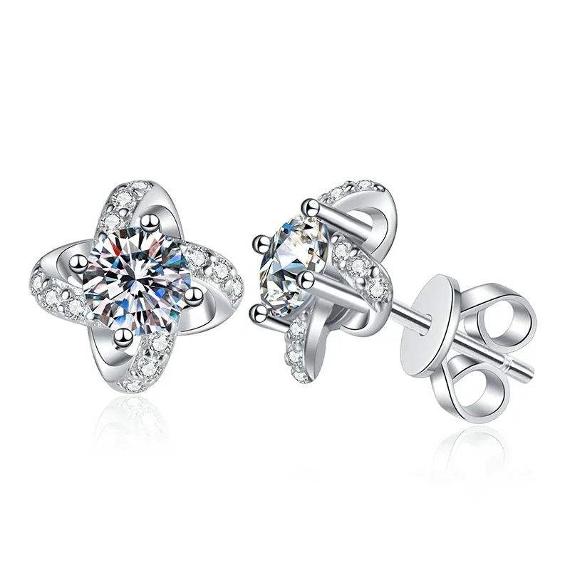 Radiant Clover 925 Sterling Silver Round Moissanite Stud Earrings