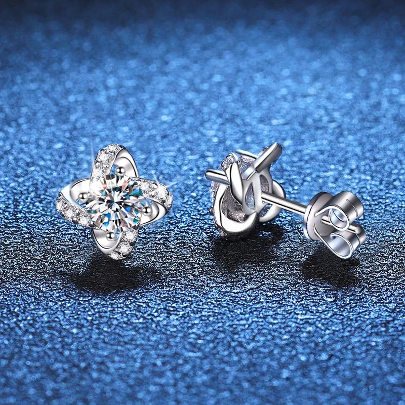 Radiant Clover 925 Sterling Silver Round Moissanite Stud Earrings
