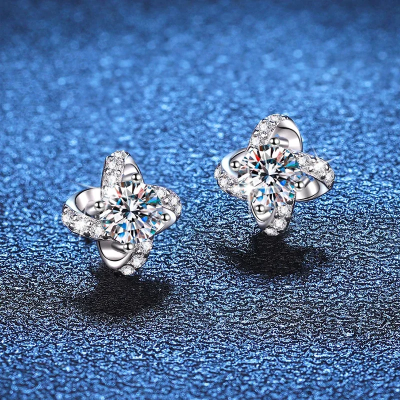 Radiant Clover 925 Sterling Silver Round Moissanite Stud Earrings