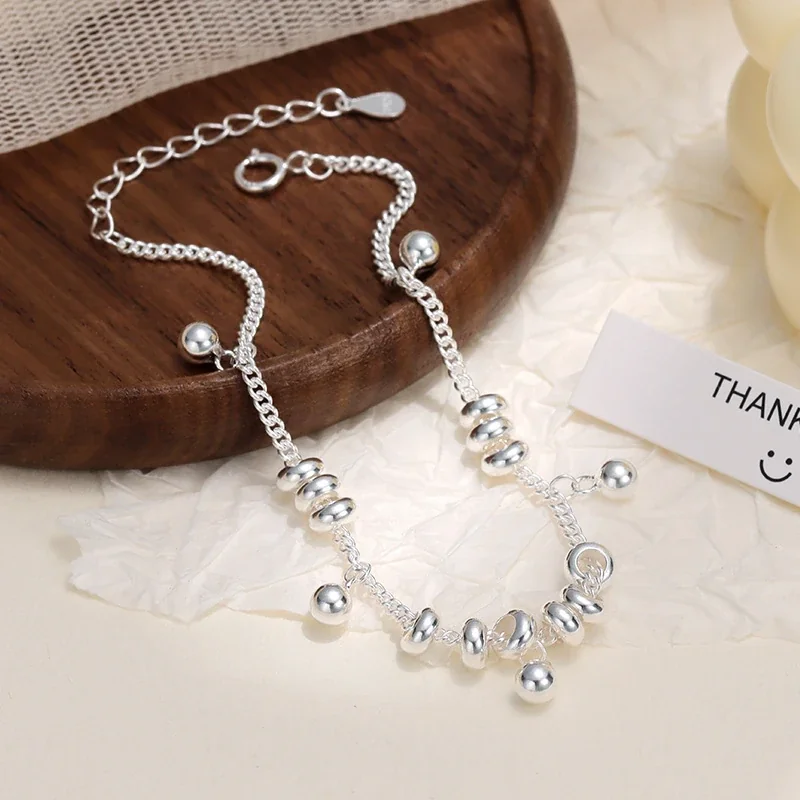 Polished 925 Sterling Silver Ring-Bead Ball Chain Bracelet