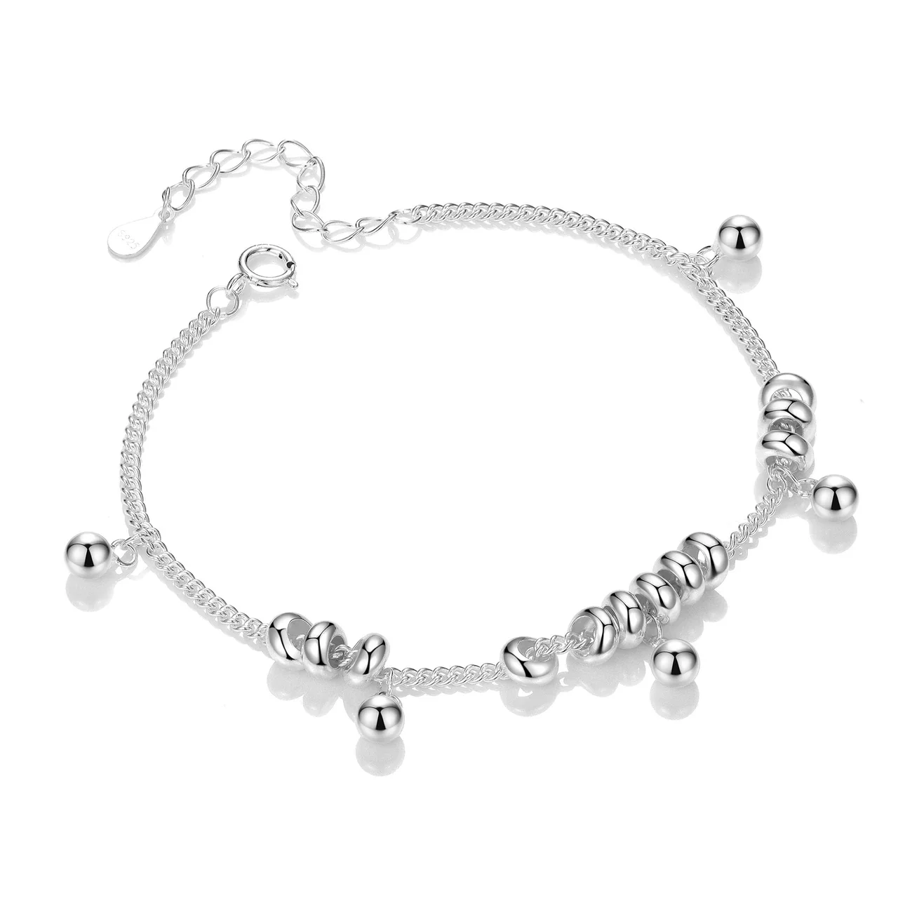 Polished 925 Sterling Silver Ring-Bead Ball Chain Bracelet - Silver