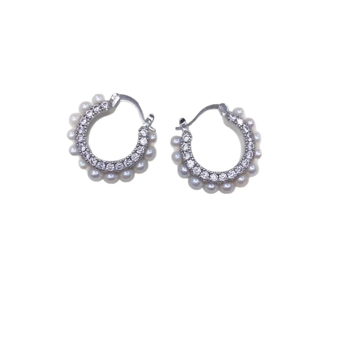 Scalloped Silver-Plated Pavé CZ Freshwater Pearl Hoop Earrings