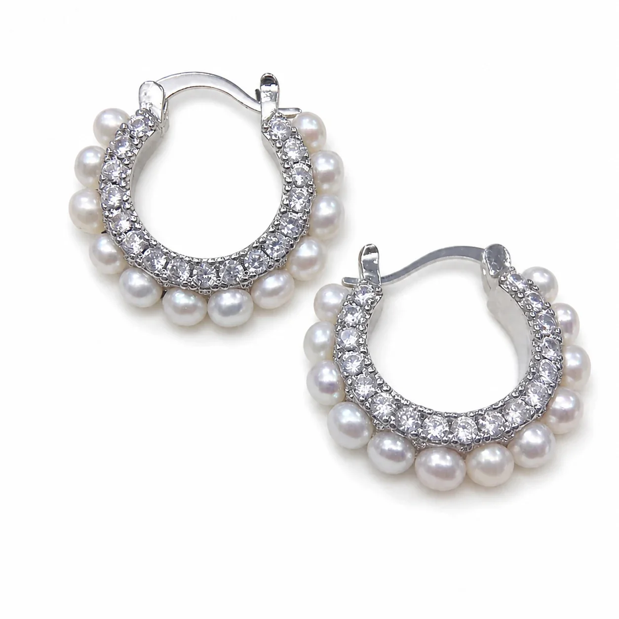 Scalloped Silver-Plated Pavé CZ Freshwater Pearl Hoop Earrings - White