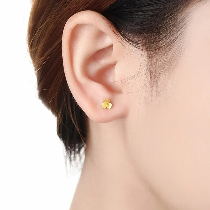 Textured Copper Gold-Plated Five-Petal Flower Stud Earrings