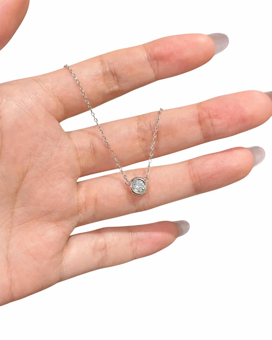 Minimal Bezel Round Crystal 925 Sterling Silver Necklace - Silver