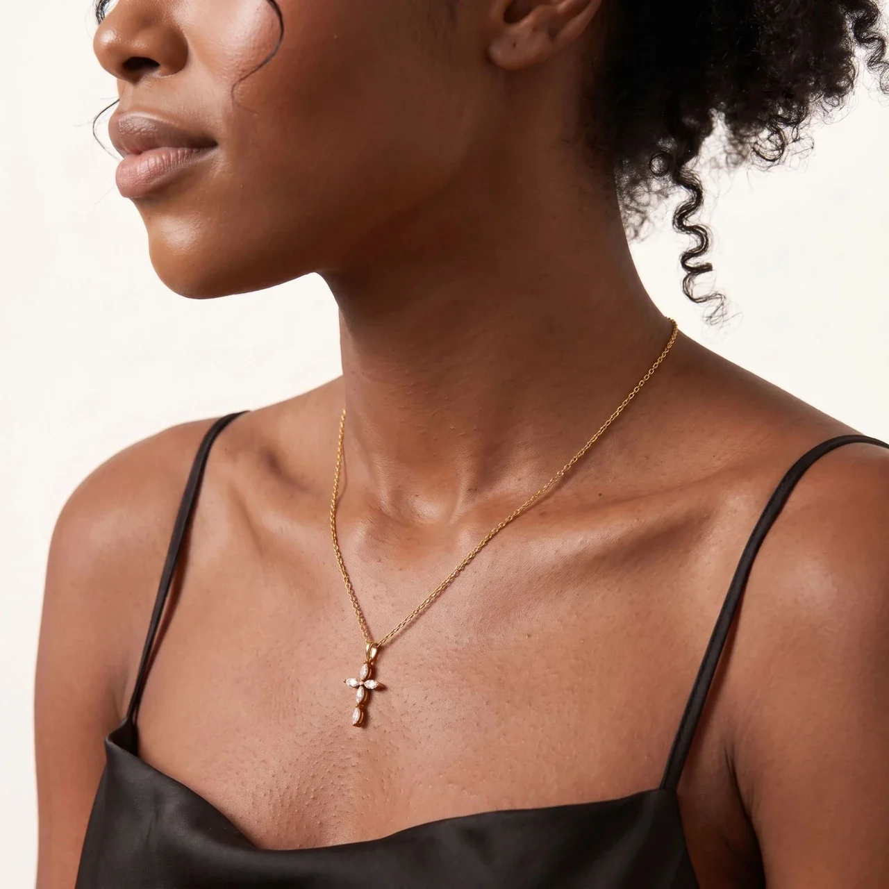 Graceful 18K Gold-Plated Copper Marquise CZ Cross Necklace