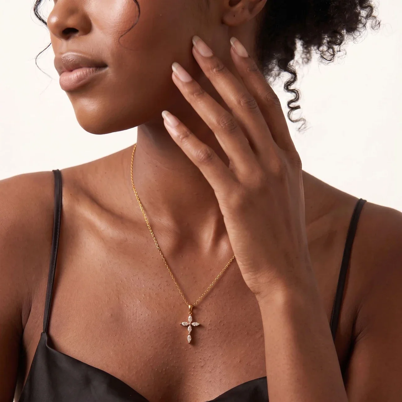 Graceful 18K Gold-Plated Copper Marquise CZ Cross Necklace