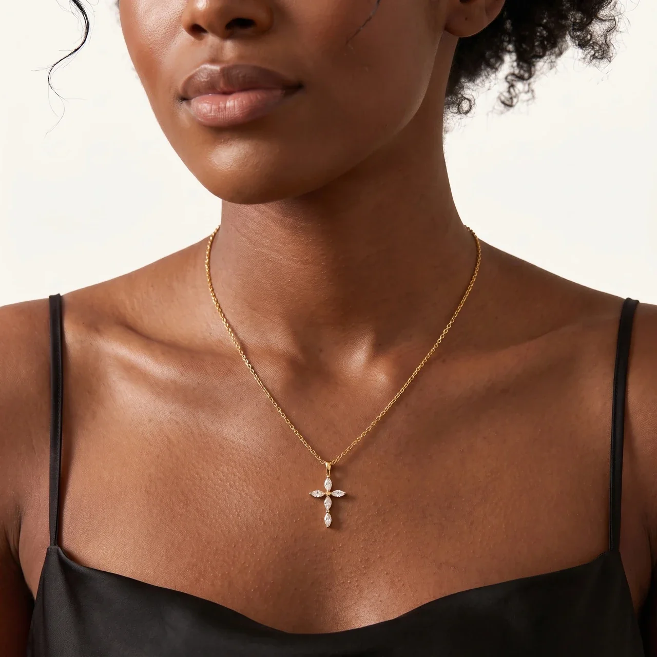 Graceful 18K Gold-Plated Copper Marquise CZ Cross Necklace