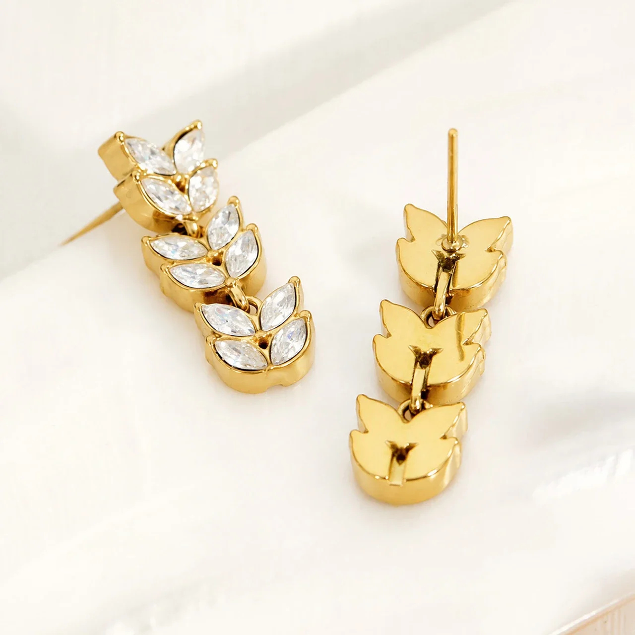 Radiant Marquise CZ Wheat Leaf Stainless Steel Drop Earrings