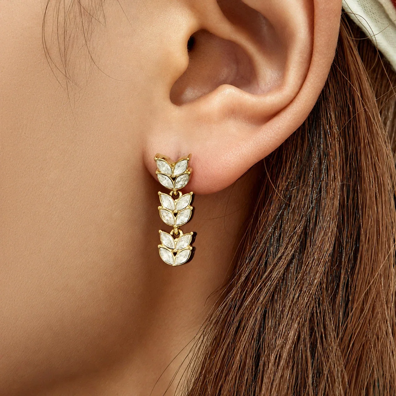 Radiant Marquise CZ Wheat Leaf Stainless Steel Drop Earrings