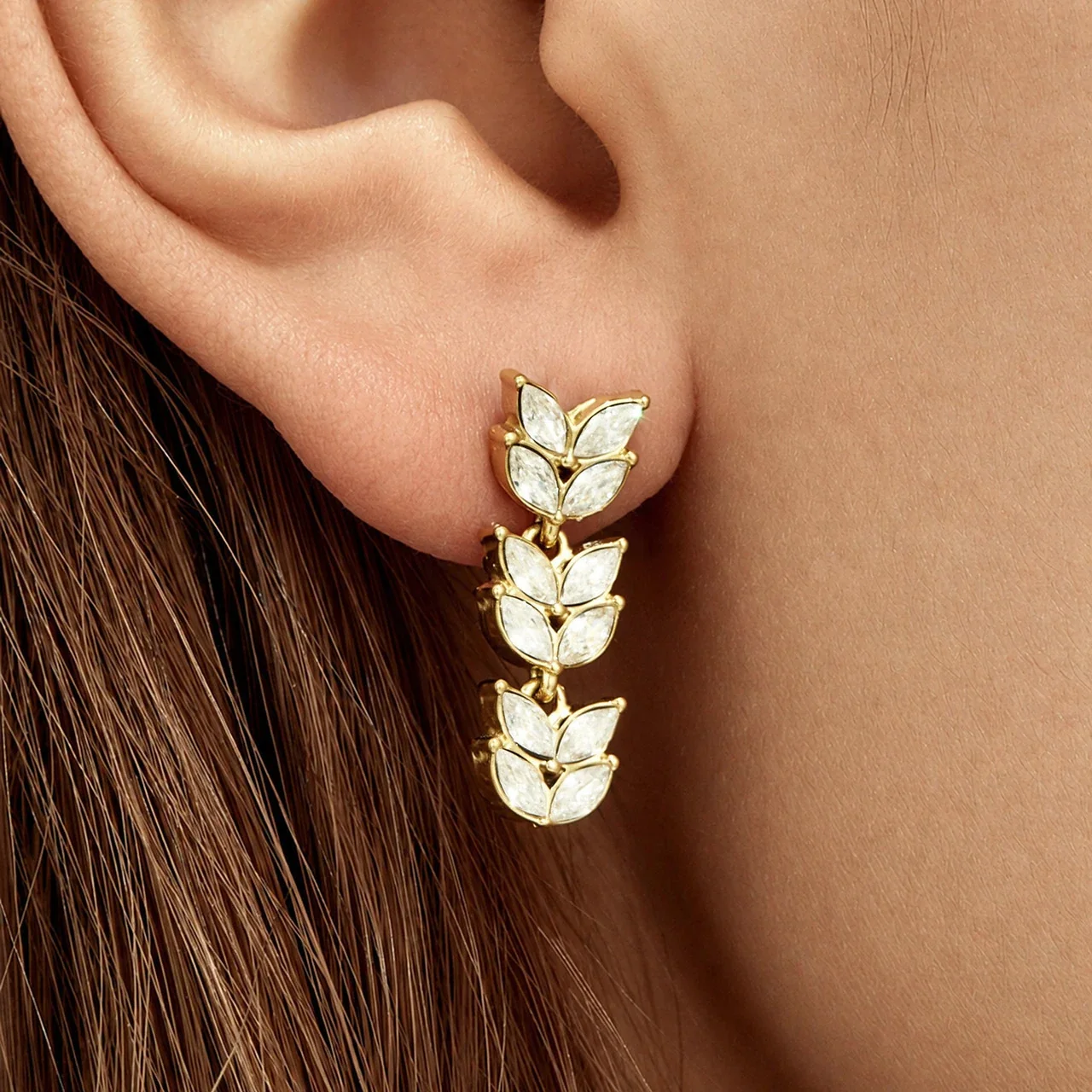 Radiant Marquise CZ Wheat Leaf Stainless Steel Drop Earrings