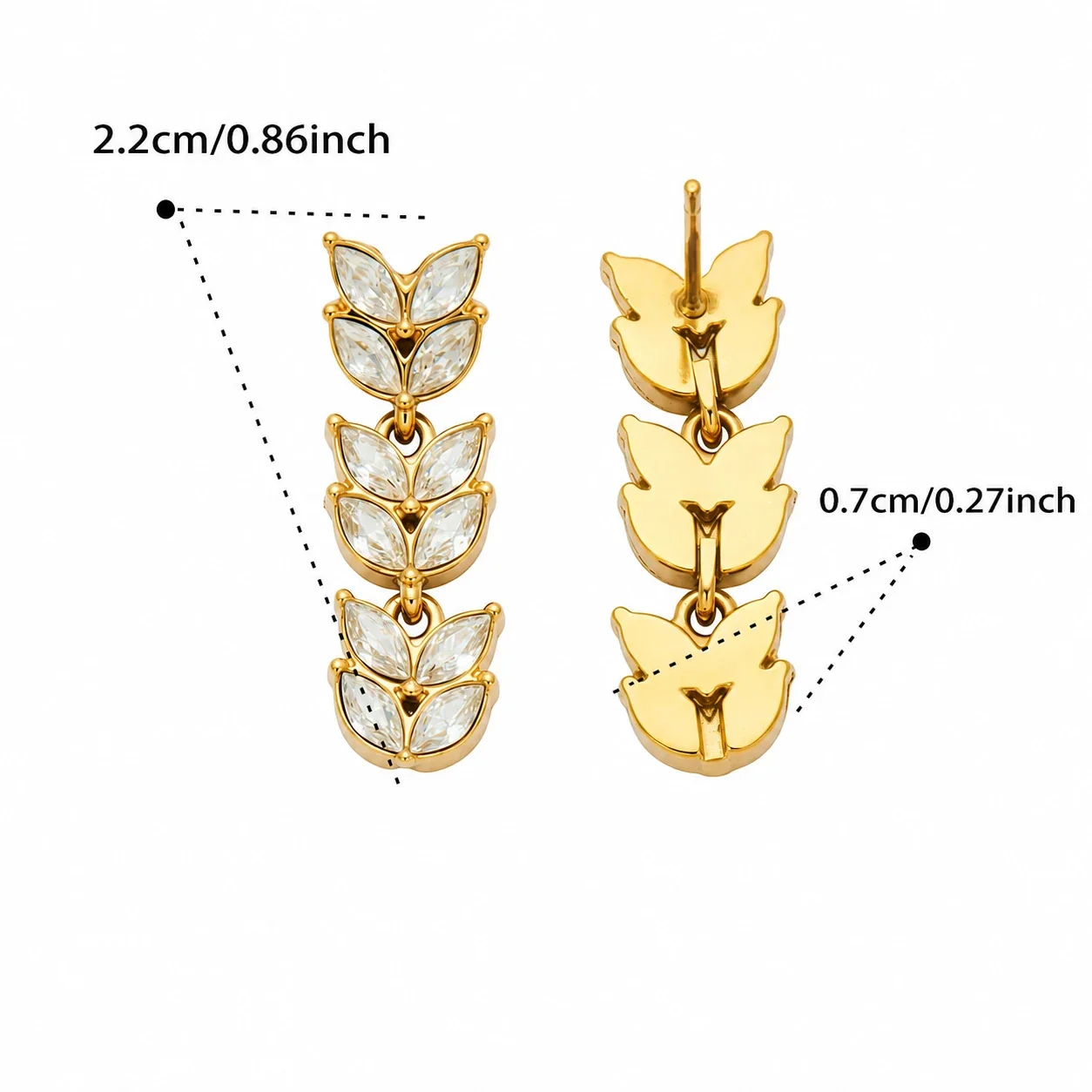 Radiant Marquise CZ Wheat Leaf Stainless Steel Drop Earrings - Gold