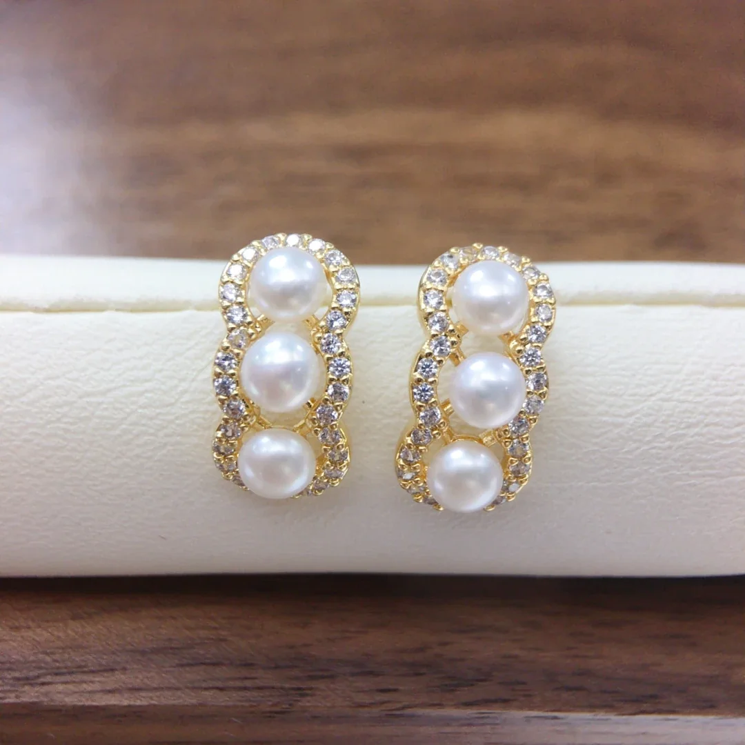 Ornate Gold-Plated Triple Freshwater Pearl Pavé Stud Earrings