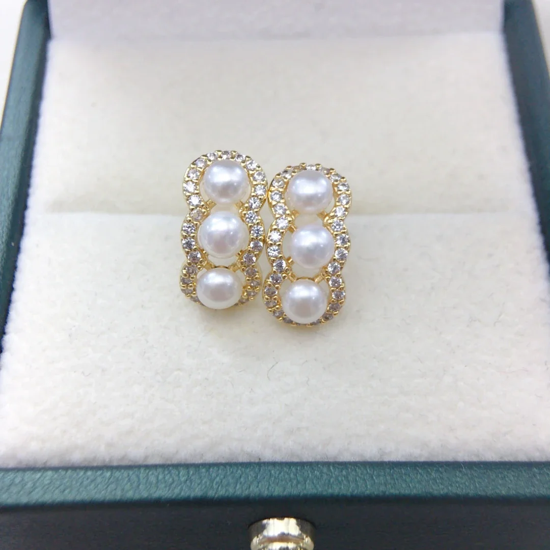 Ornate Gold-Plated Triple Freshwater Pearl Pavé Stud Earrings