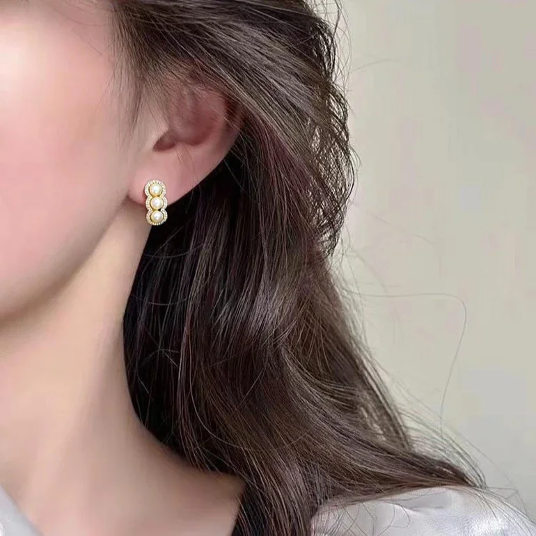 Ornate Gold-Plated Triple Freshwater Pearl Pavé Stud Earrings